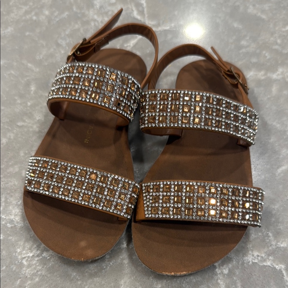 Adrienne Vittadini Bambini Tan Brown Sandals with Silver Gold Rhinestone Accents